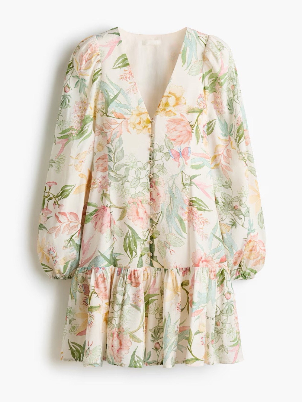 H&M Floral Ivory Balloon Sleeve Dress